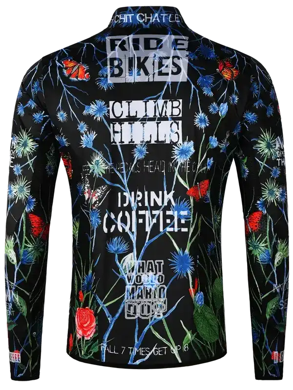 Men's cycling jersey with floral print, butterflies, and motivational phrases like 'Ride Bikes' and 'Drink Coffee'