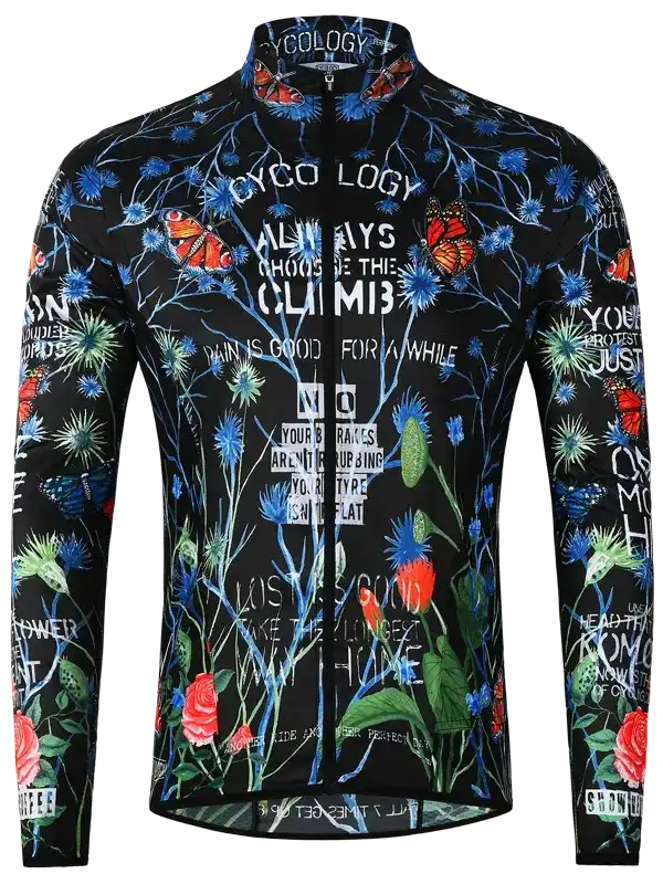 Men's cycling jersey with floral and butterfly print, motivational text, long sleeves, black base