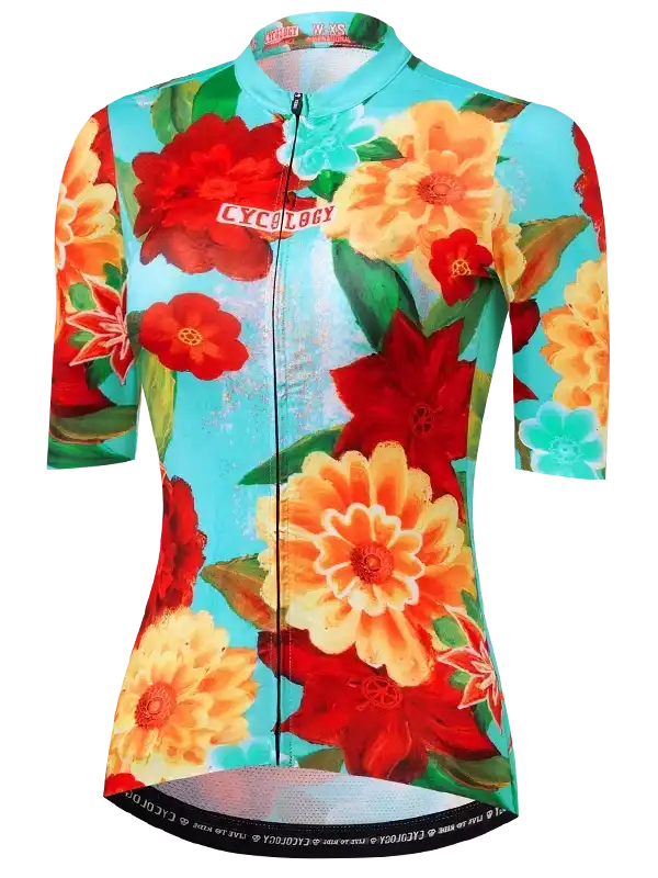 Floral women's cycling jersey with vibrant red and orange flowers on turquoise background