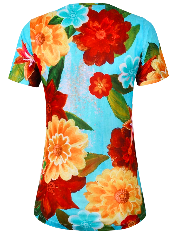 Colorful floral tech  t-shirt with red, yellow, and orange flowers on a blue background
