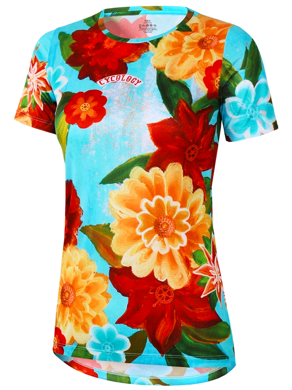 Colorful floral tech  t-shirt with red, yellow, and orange flowers on a blue background