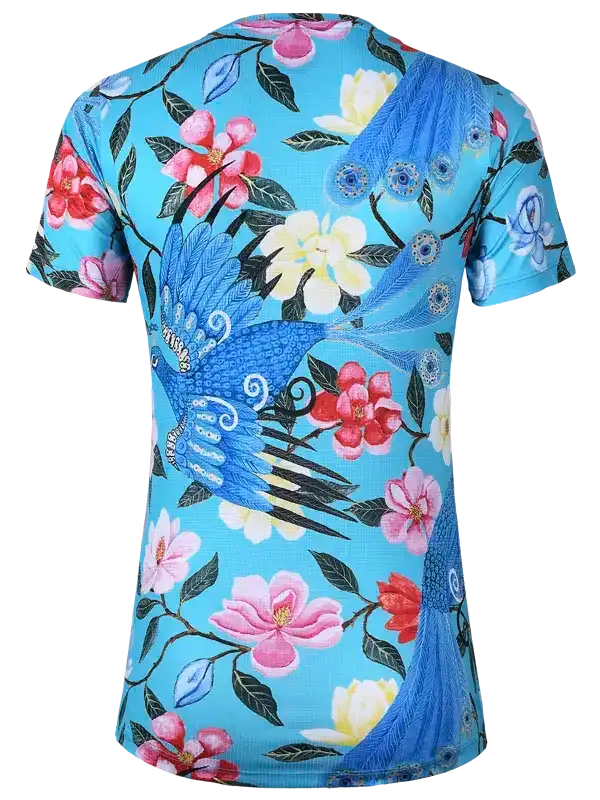 Blue cycling jersey with floral and peacock design for men and women