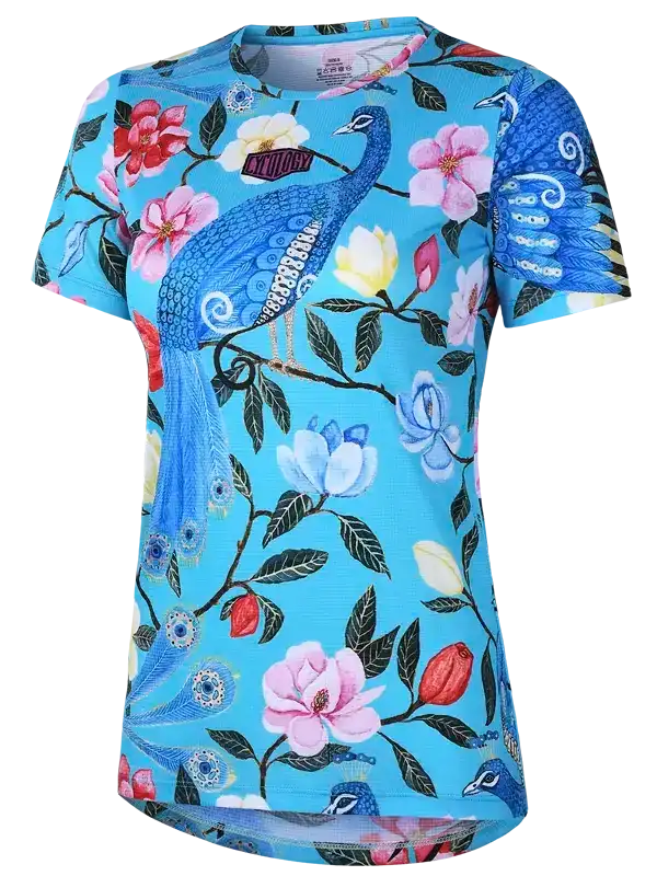 Women's cycling jersey with peacock and floral print on blue background, breathable fabric