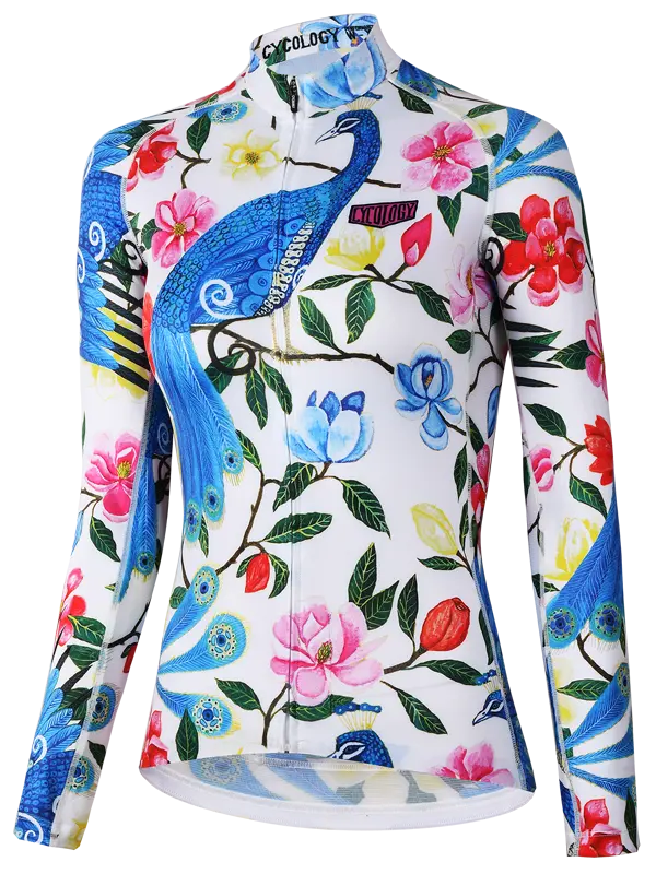 Goddess White Women's Long Sleeve Summer Cycling Jersey with peacock and floral pattern on a white background