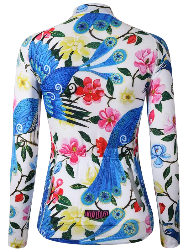 Goddess White Women's Long Sleeve Summer Cycling Jersey with peacock and floral design on a white background