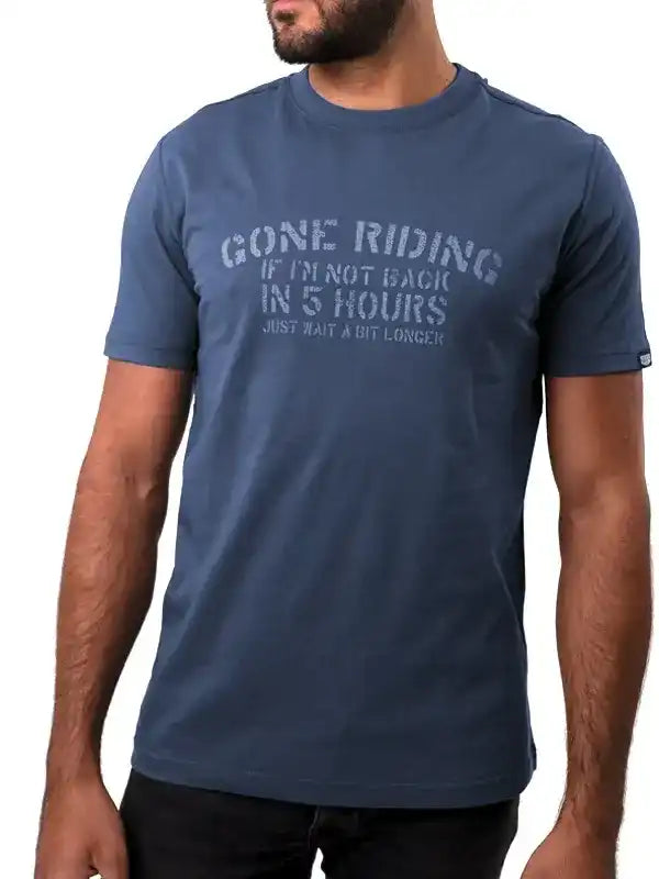 Men's navy cycling t-shirt with 'Gone Riding' graphic, perfect for bike enthusiasts and casual wear.