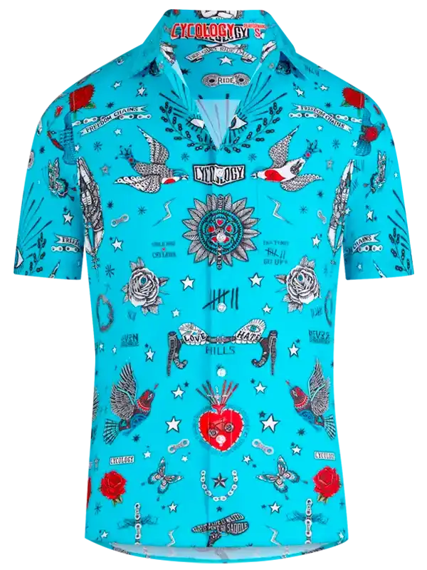 Vibrant turquoise cycling jersey with tattoo-style birds, roses, stars, and bold graphics for men's or women's rides