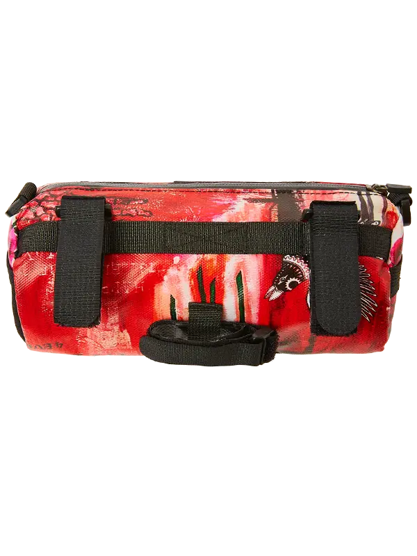 Red and black patterned bike  bag with straps on a white background