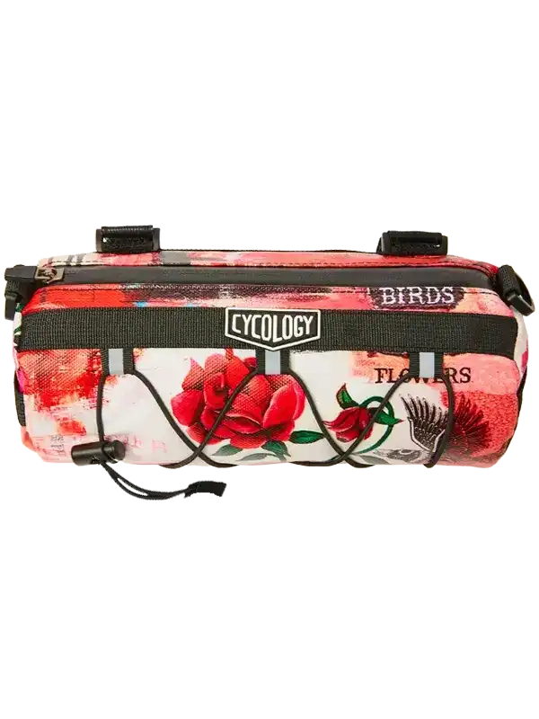 Cycology floral bike frame bag with red roses, birds, and flowers design for cycling gear