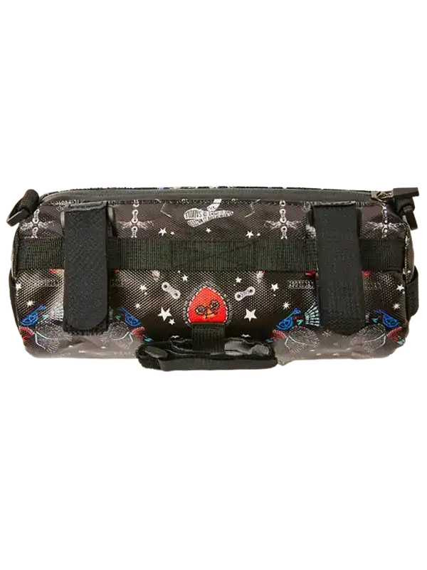 Cycling frame bag with space-themed print, stars, and red alien design for bike storage