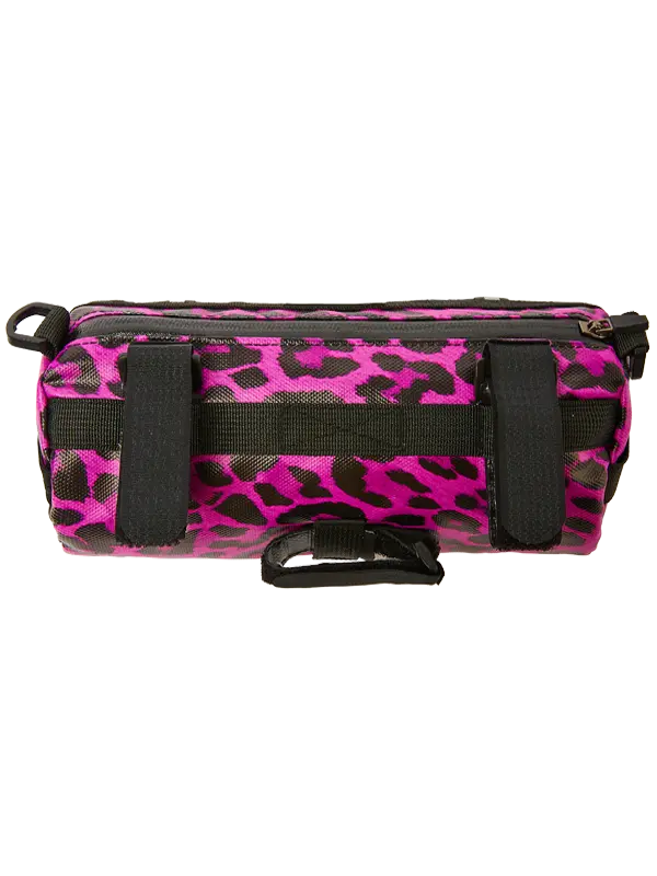 Pink leopard print bag with black Velcro straps 