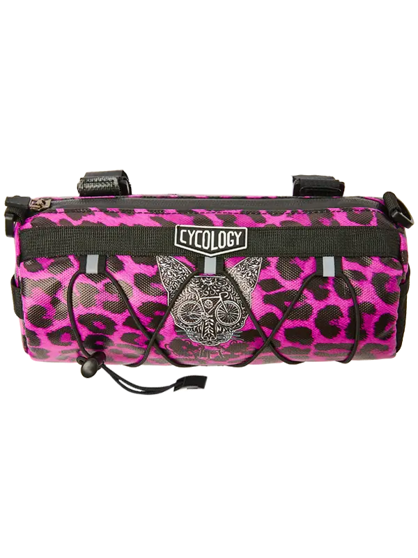 Pink leopard print handlebar bag with 'Cycology' branding 
