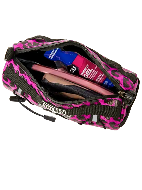 Pink leopard print handlebar bag with 'Cycology' branding 