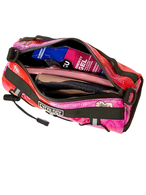 Pink and black bike bag with energy gels 