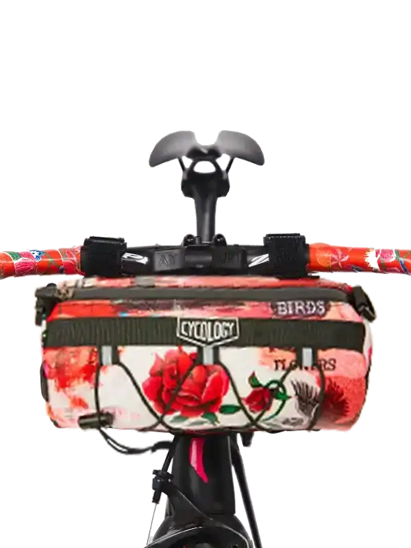 Cycology floral bike handlebar bag with red roses, birds, and flowers design for cycling adventures