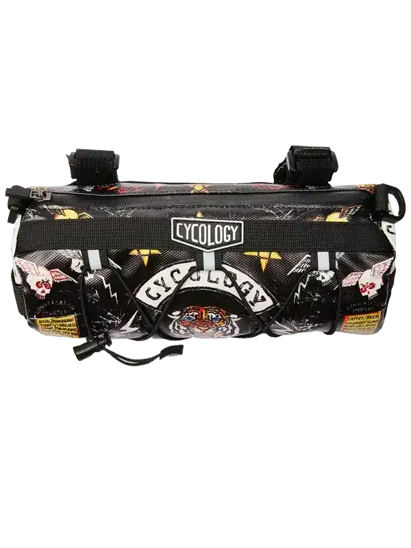 Cycology bike frame bag with skull and tiger graphics, black design for cycling gear