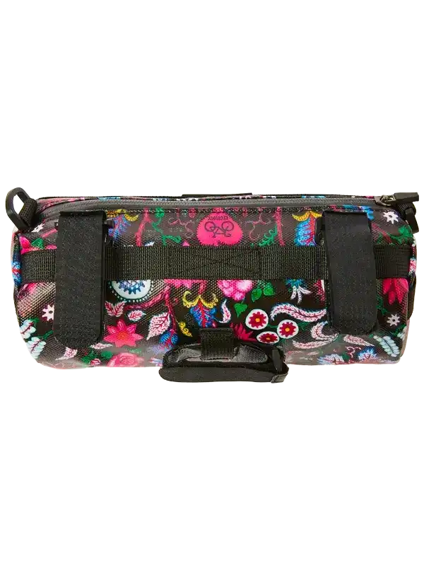 Colorful floral cycling frame bag with black straps, perfect for bike adventures and storage on rides.