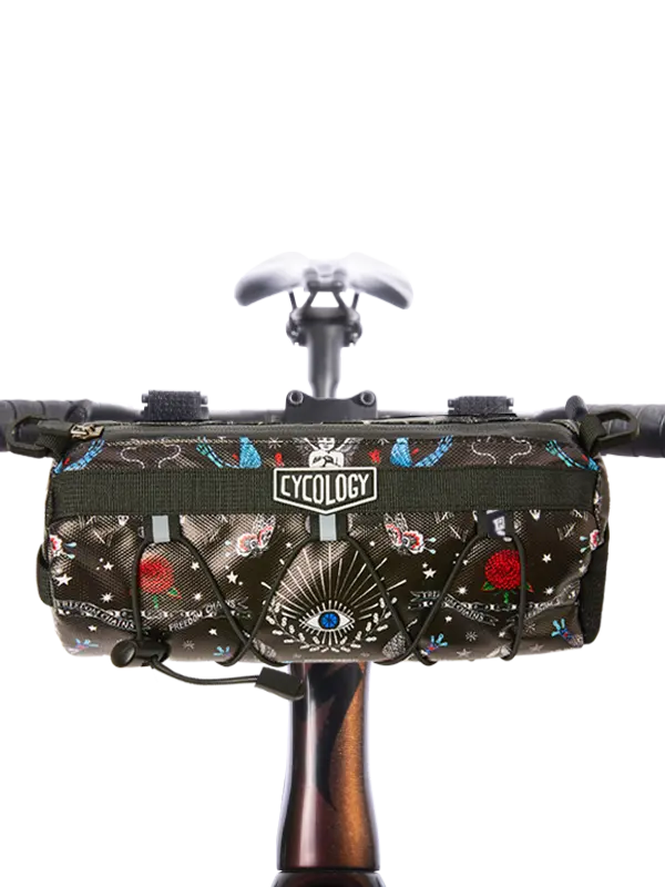 Bicycle handlebar bag with colorful designs and 'Cycology' branding 