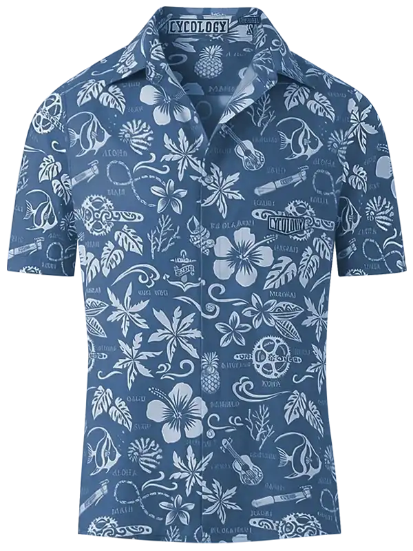 Blue tropical print shirt with hibiscus, fish, and cycling motifs for men's casual wear