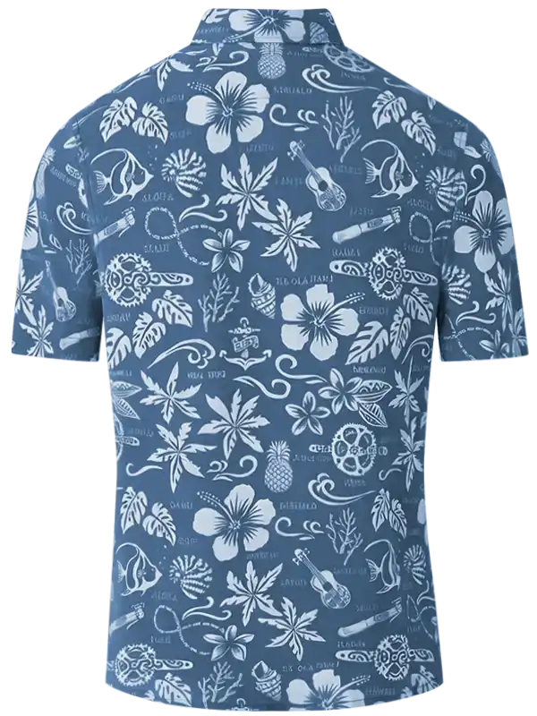 Blue tropical print cycling shirt with hibiscus, pineapples, and bike gears for men's summer rides
