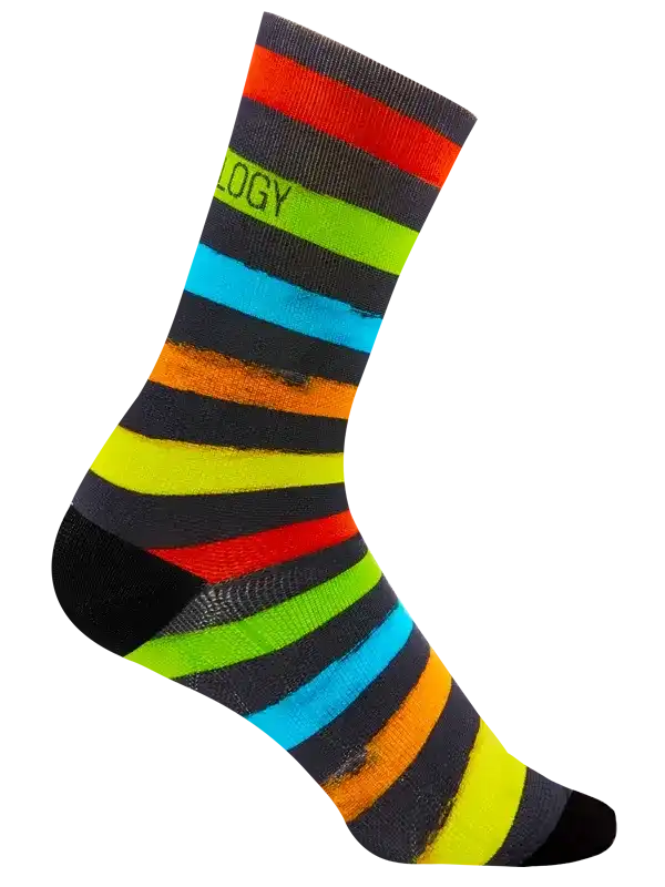 Colorful striped cycling sock with neon accents, perfect for men's and women's bike rides