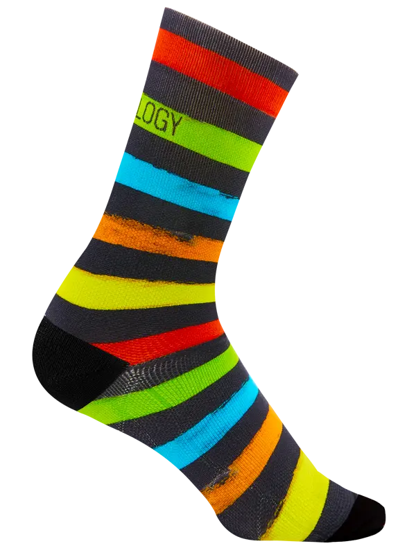 Colorful striped sock with multicolor pattern on a white background