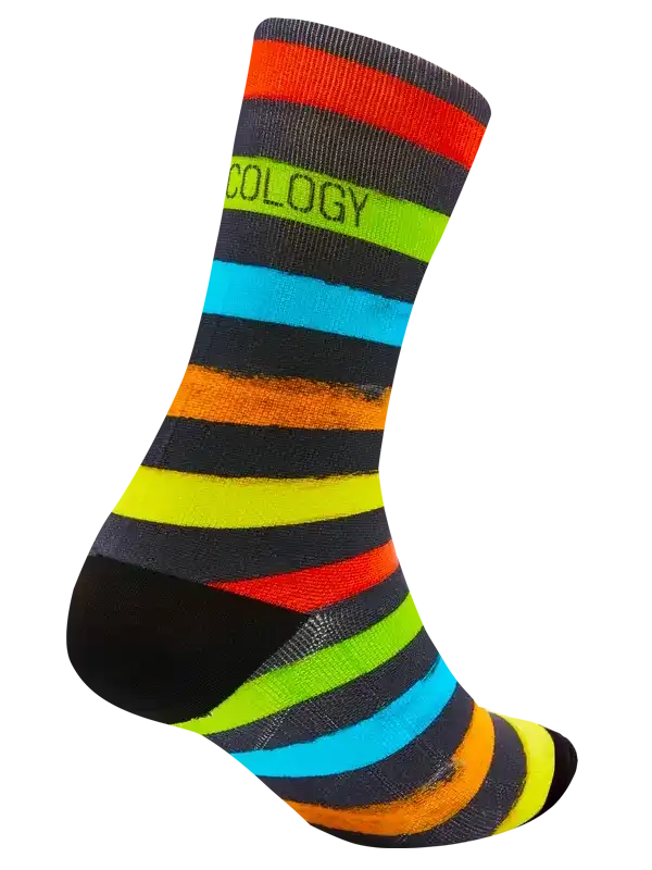 Colorful striped cycling sock with 'COLOGY' text, vibrant rainbow design for men's or women's bike rides