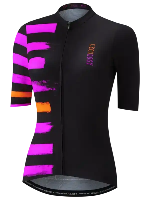 Black women's cycling jersey with vibrant pink and orange brushstroke design, full zip, and performance fabric