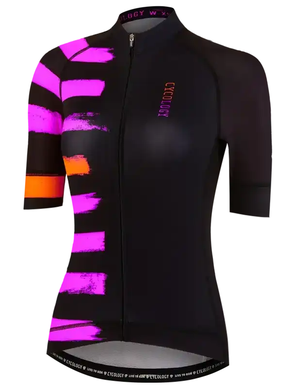 Women's black cycling jersey with vibrant pink and orange brushstroke design, full zip, and brand logo.