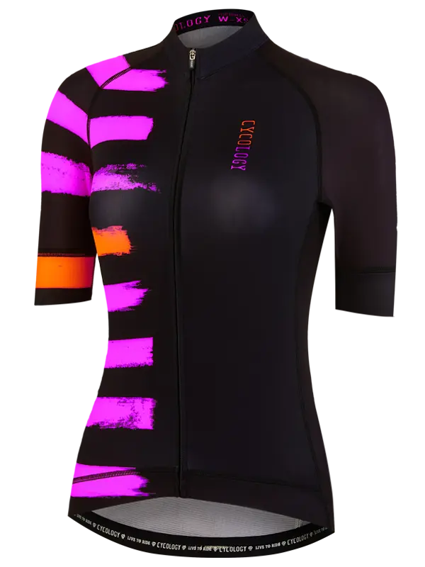 Black cycling jersey with colorful stripes on a white background