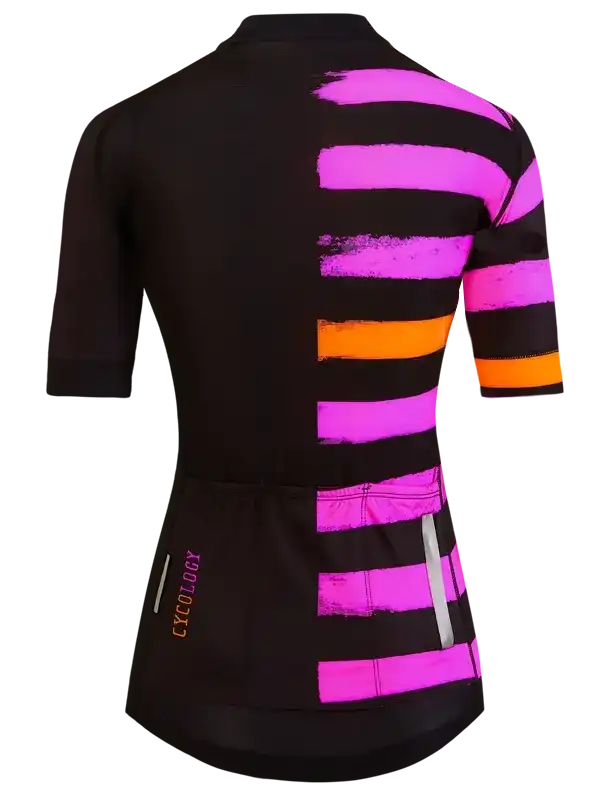 Women's cycling jersey with bold pink and orange stripes, reflective details, and rear pockets