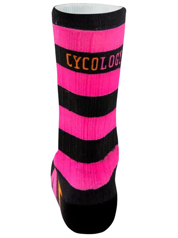 A single crew sock with bold horizontal pink and black stripes, featuring the word 'CYCOLOGY' printed across the upper calf in orange and pink lettering, shown on a plain white background.