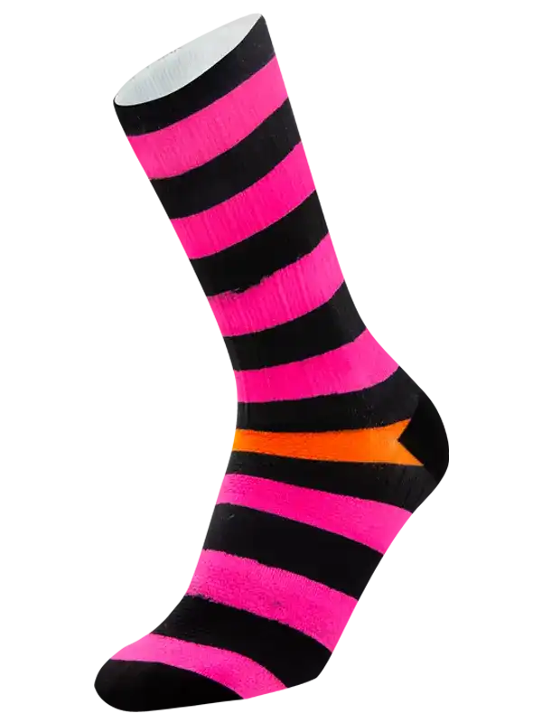 A single crew  cycling sock with bold horizontal stripes in hot pink and black, featuring a bright orange arrow design on the side, shown against a plain white background.