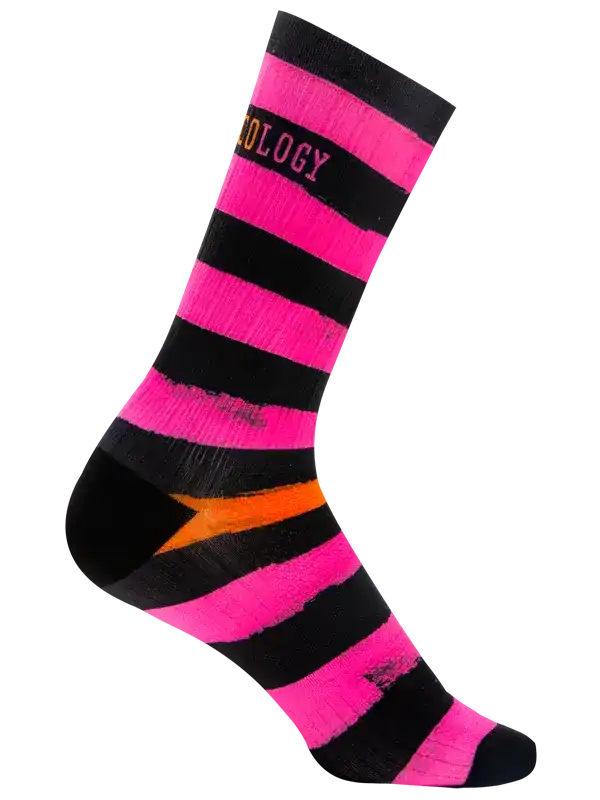 A single crew  cycling sock with bold horizontal stripes in hot pink and black, featuring a bright orange arrow design on the side, shown against a plain white background.