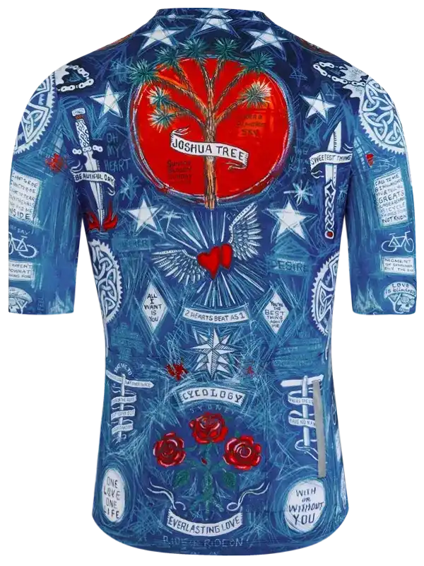 Blue cycling jersey with Joshua Tree design, stars, roses, and love-themed graphics for men and women.