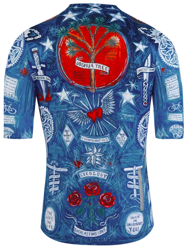 Blue cycling jersey with intricate designs and text on a white background