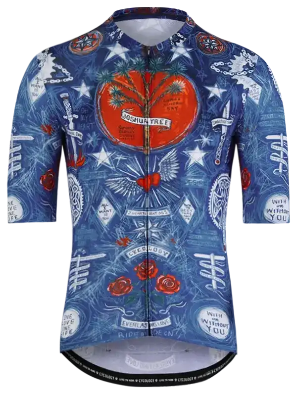 Blue cycling jersey with Joshua Tree design, roses, and stars for men's and women's rides
