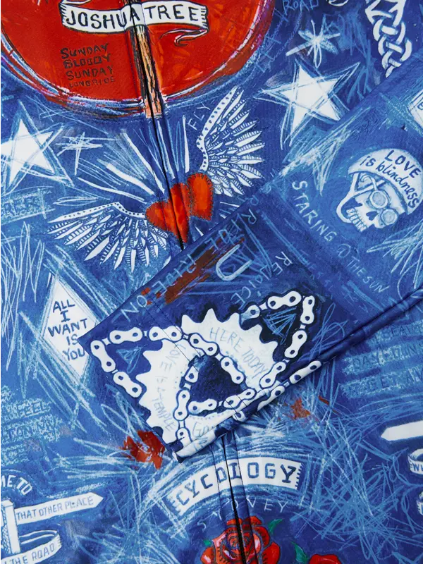 Künstlerische Darstellung eines roten und blauen abstrakten Designs mit Text und Symbolen auf blauem Hintergrund.