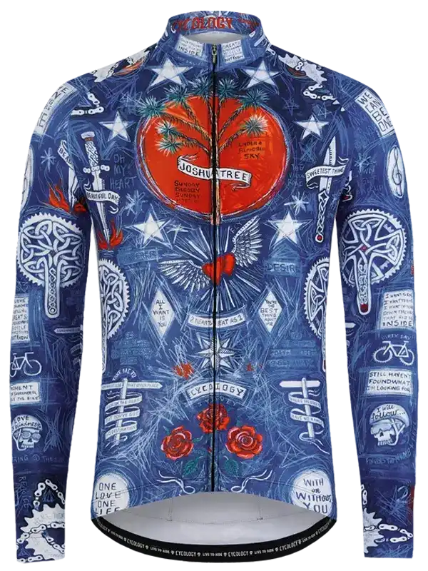 Men's long sleeve cycling jersey with vibrant tattoo-style print, featuring hearts, stars, and bike motifs on navy blue.