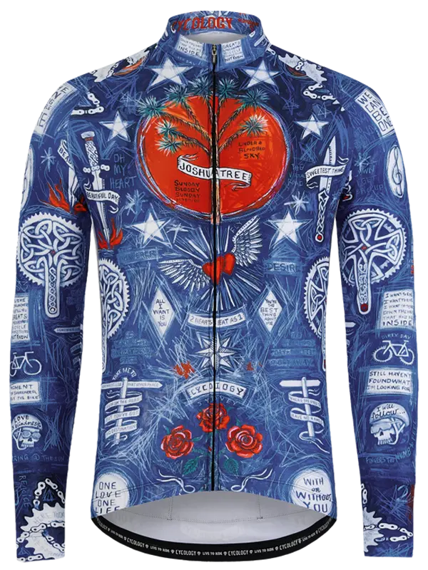 Radtrikot mit verschlungenem Muster auf blauem Hintergrund