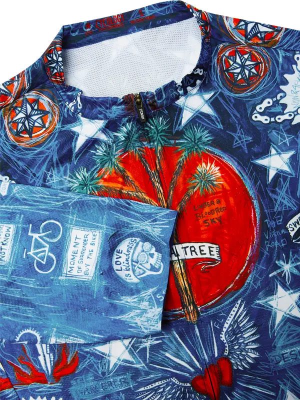 Colorful jersey with palm tree design and text on a blue background