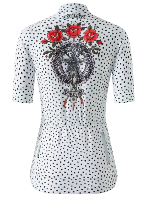 Women's cycling jersey with polka dots, red roses, and gear heart design for road biking