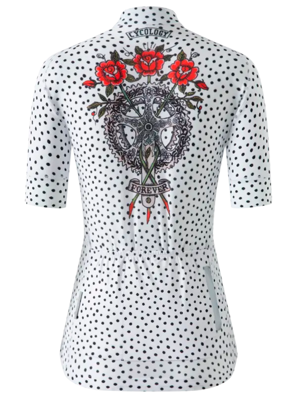 White polka dot shirt with red roses and black cross design on a white background