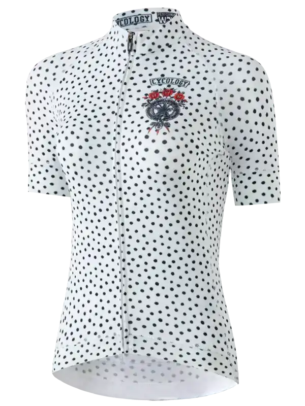 Women's cycling jersey with black polka dots and skull rose design, full zip front