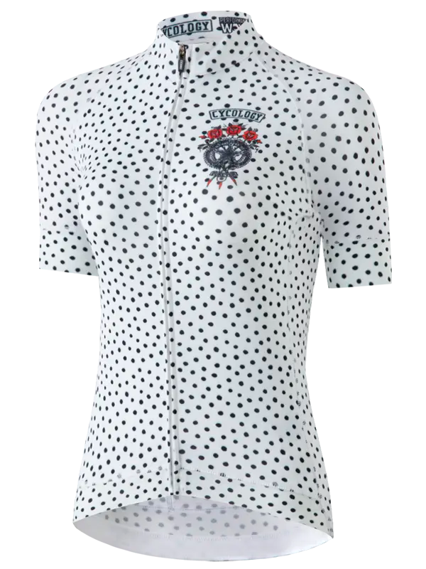 White cycling jersey with black polka dot pattern and brand logo 