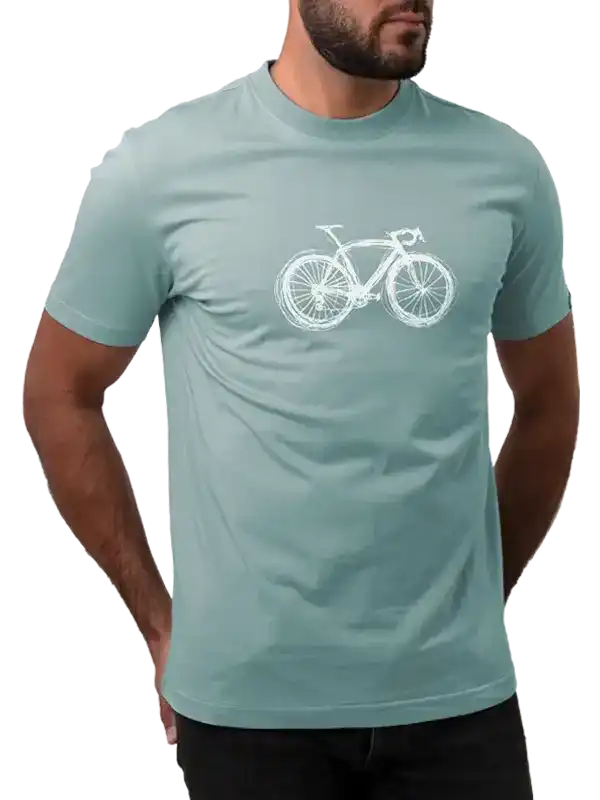 Men's cycling t-shirt with white bike graphic, light blue design for bike lovers