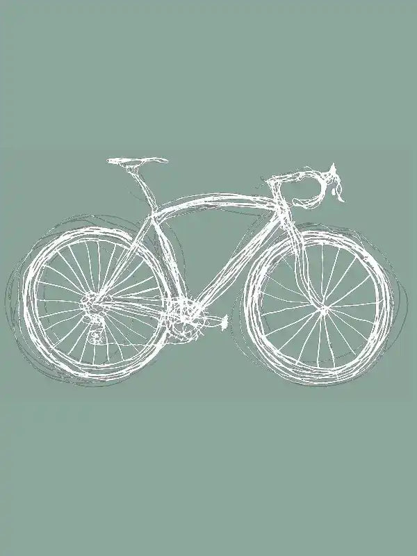 White sketch-style road bike on green background, cycling apparel design inspiration