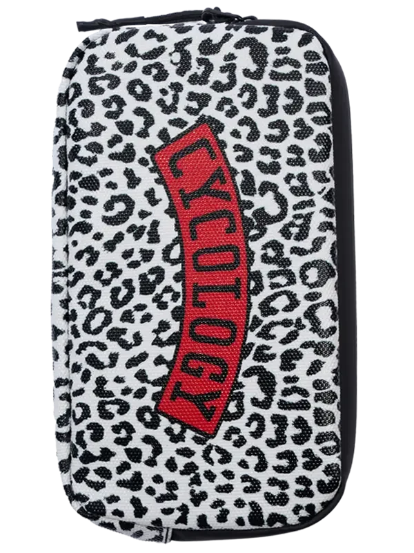 Leopard print cycling accessory pouch with red Cycology logo, stylish gear for cyclists