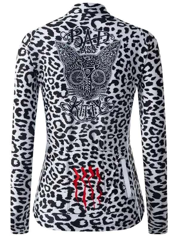 Women's cycling jersey with bold leopard print, 'Bad Ass Kitty' graphic, and red claw marks on back.