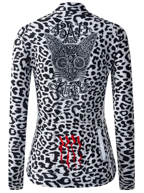 Kitty White Women's Winter Long Sleeve Cycling Jersey in Leopard print  with intricate designs and branding on the back